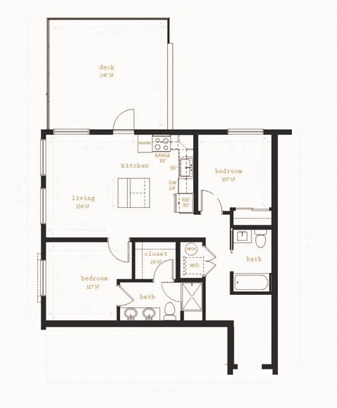Floor plan for 2 beds, 2 baths, 890 sqft